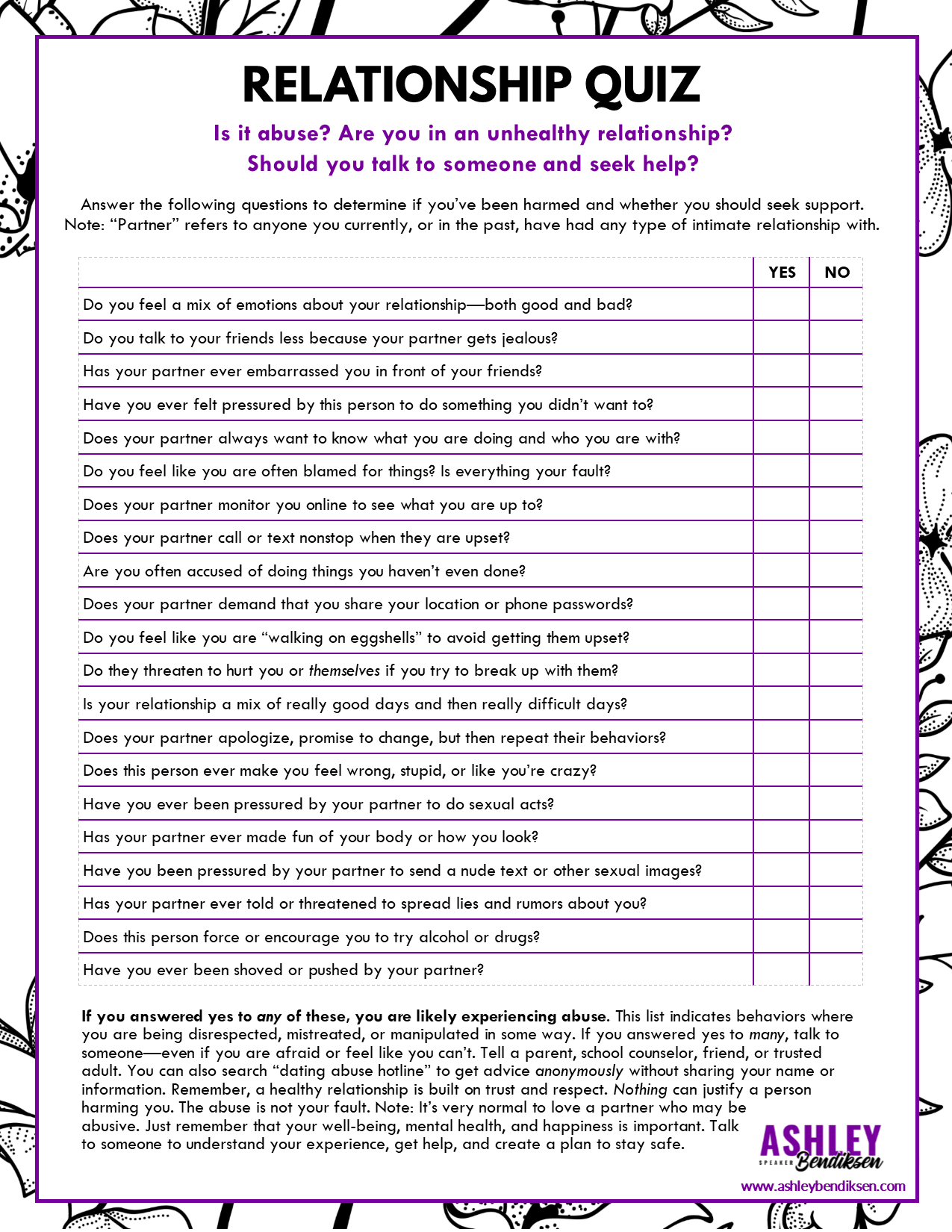 Healthy Relationship Quiz Handout